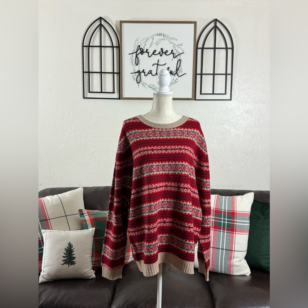 Remington Fair Isle Red Snowflake Print Crew Neck Sweater Size XL Wool Blend